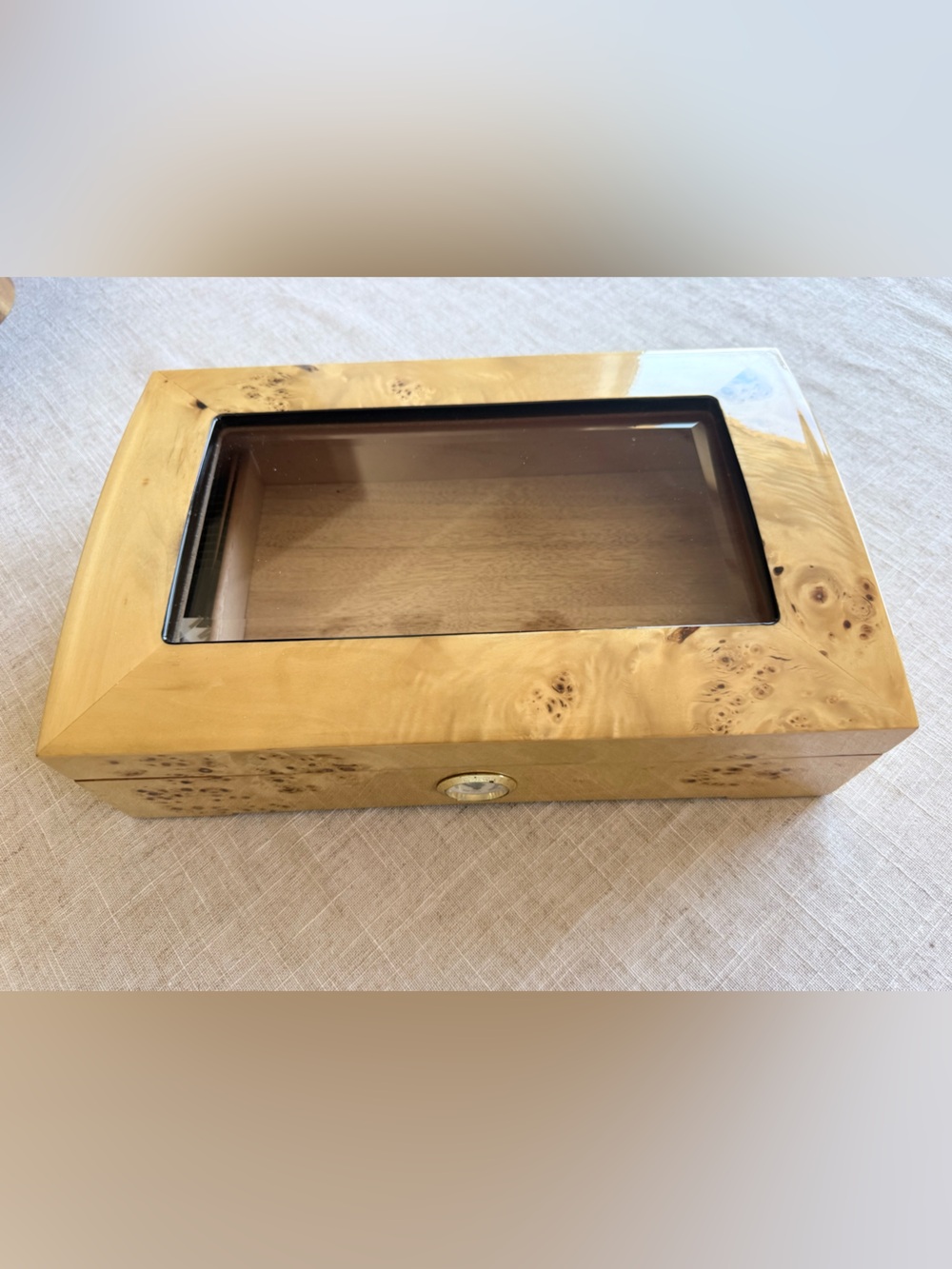 Glass Top Burl Wood Cigar Humidor with Cedar Interior & Hygrometer